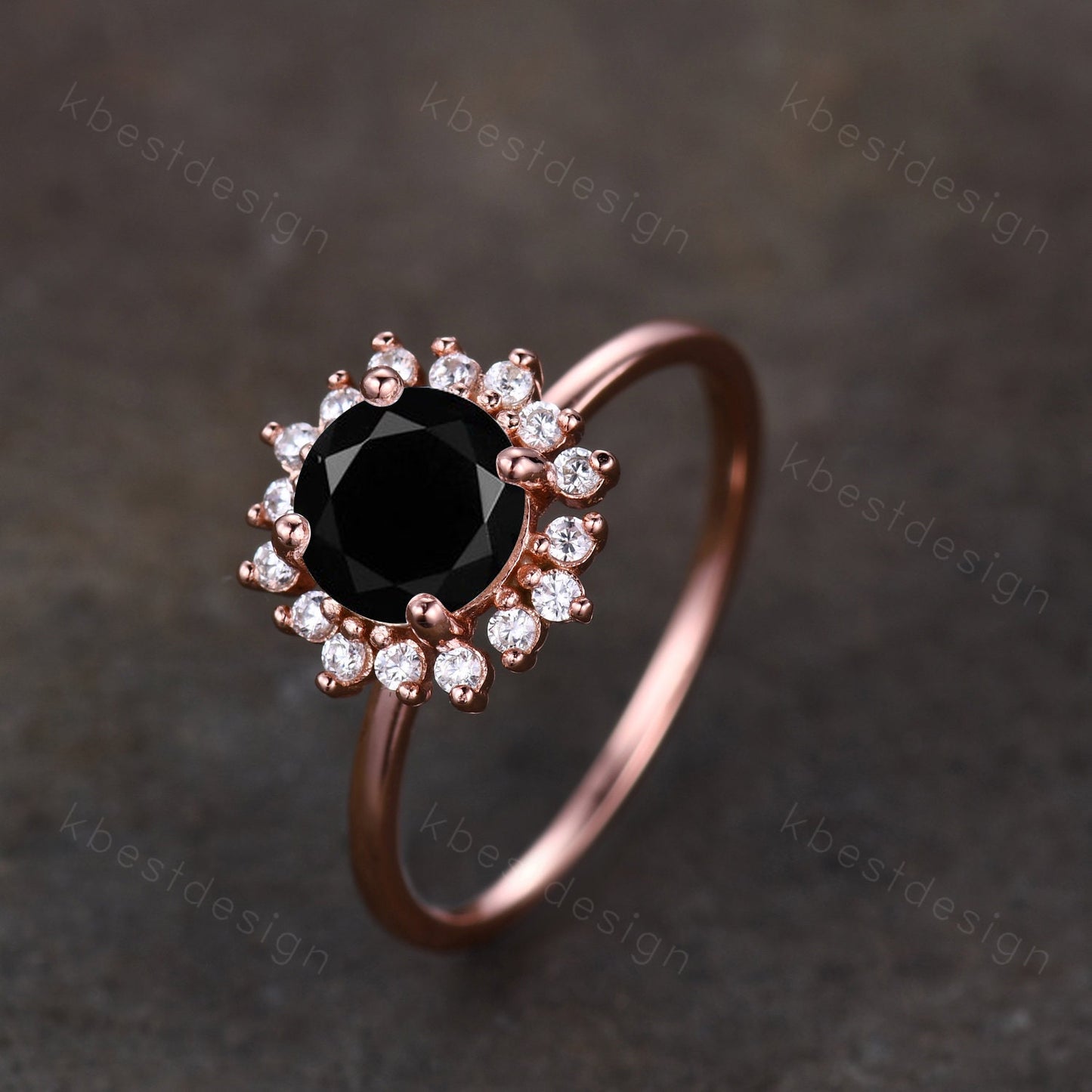 Round cut black onyx engagement ring Rose Gold rings for women Unique moissanite halo engagement ring black onyx Solitaire ring Bridal Ring