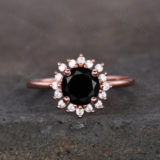 Round cut black onyx engagement ring Rose Gold rings for women Unique moissanite halo engagement ring black onyx Solitaire ring Bridal Ring