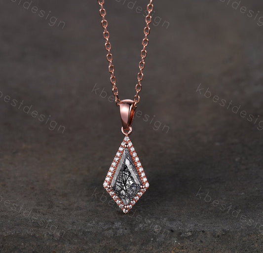 Kite cut black rutilated quartz necklace unique halo moissanite necklace pendant rose gold women black gemstone anniversary bridal gift