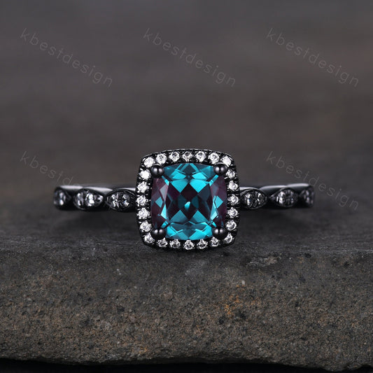 Unique cushion cut Alexandrite engagement ring art deco black gold ring color change Alexandrite ring moissanite anniversary ring for her