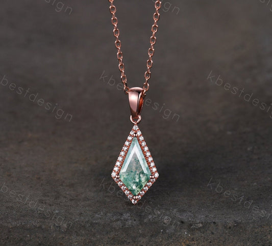 Kite cut green moss agate necklace solid 14k rose gold vintage unique customized pendant necklace for women gemstone bridal anniversary gift