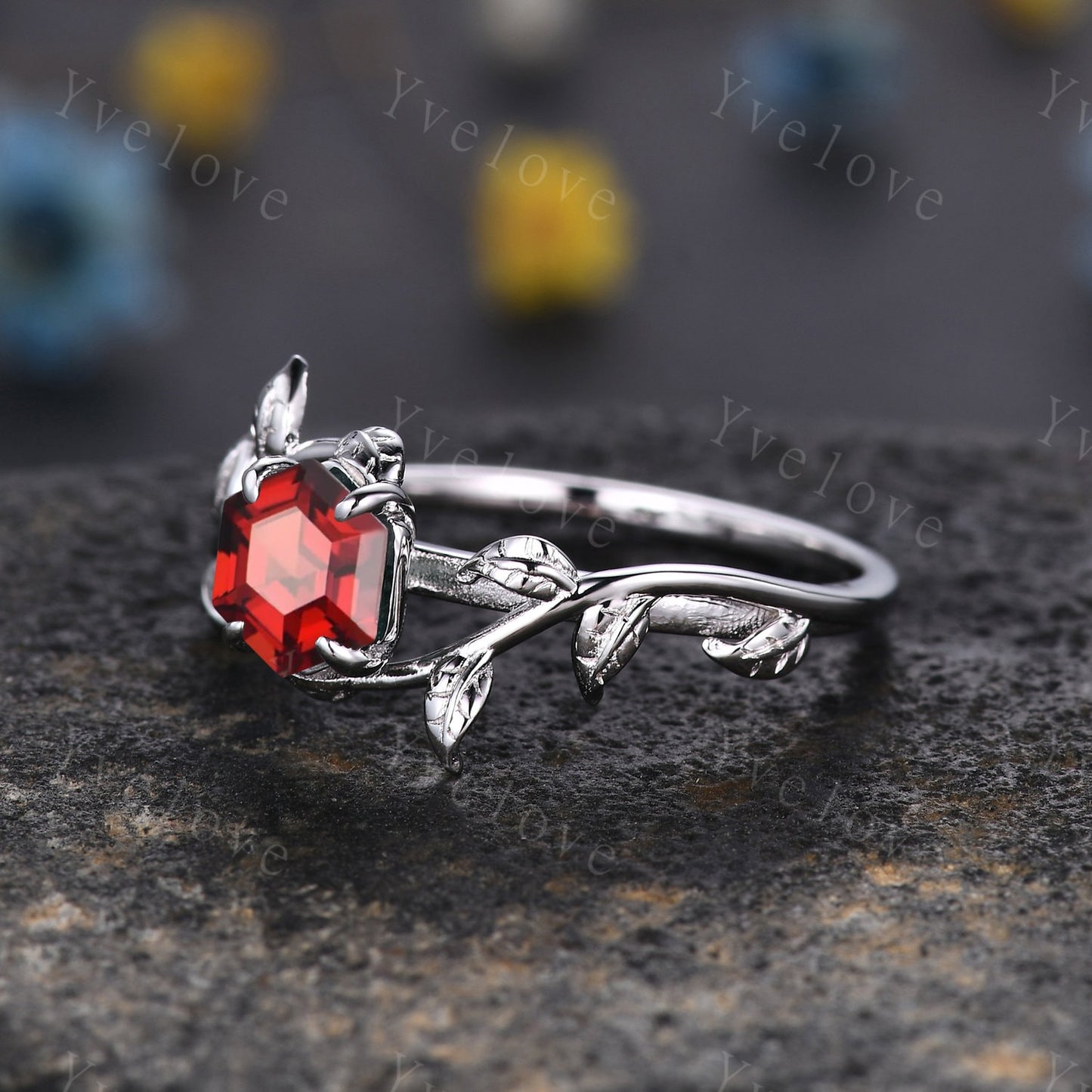 Hexagon Garnet Ring Set,Vintage Twig Vine Leaf Ring,Unique Garnet Engagement Ring,January Ring, Promise Anniversary Bridal Ring Gift,Silver