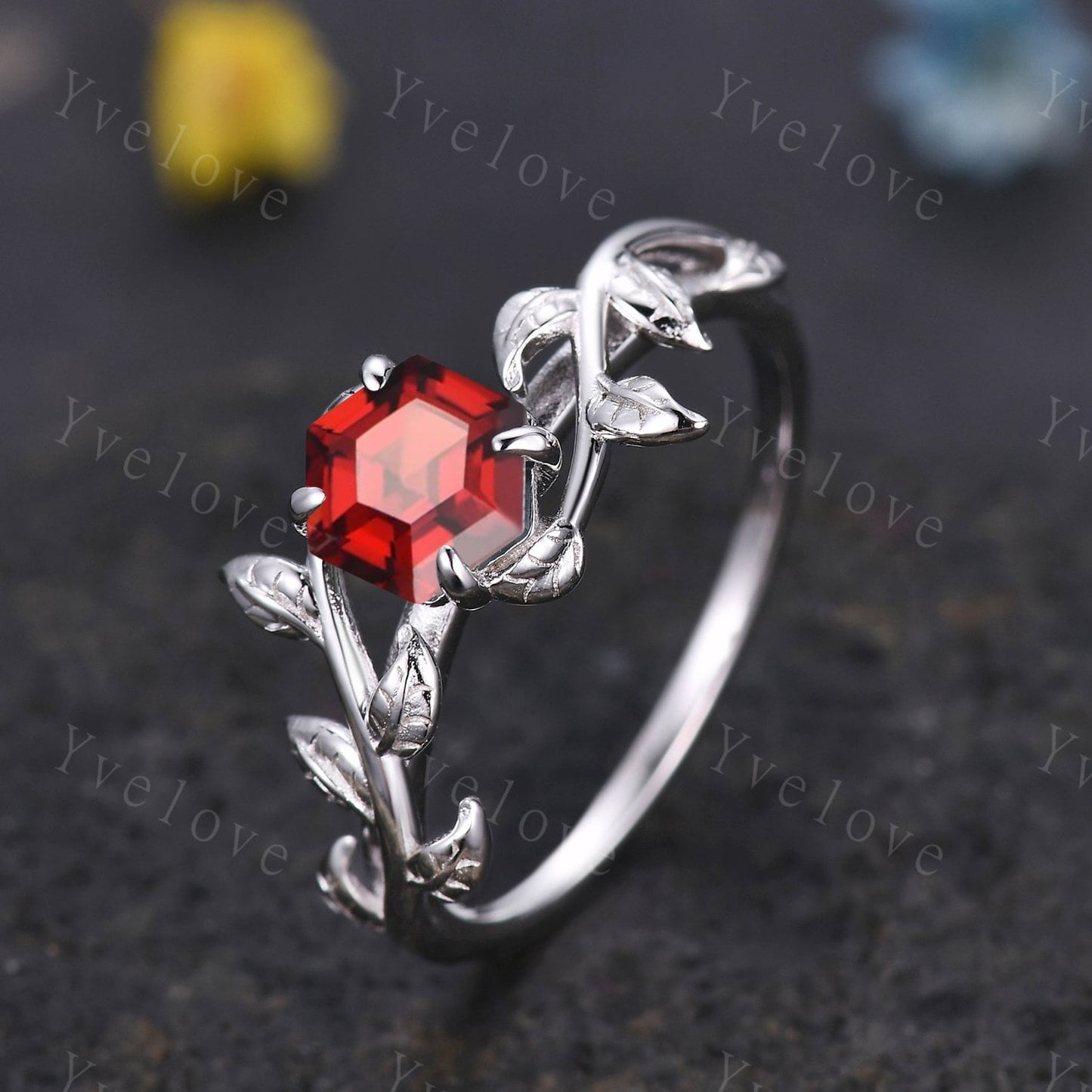 Hexagon Garnet Ring,Vintage Twig Vine Leaf Ring,Unique Garnet Engagement Ring,birthstone Ring,Promise Anniversary Bridal Ring Gift,Silver