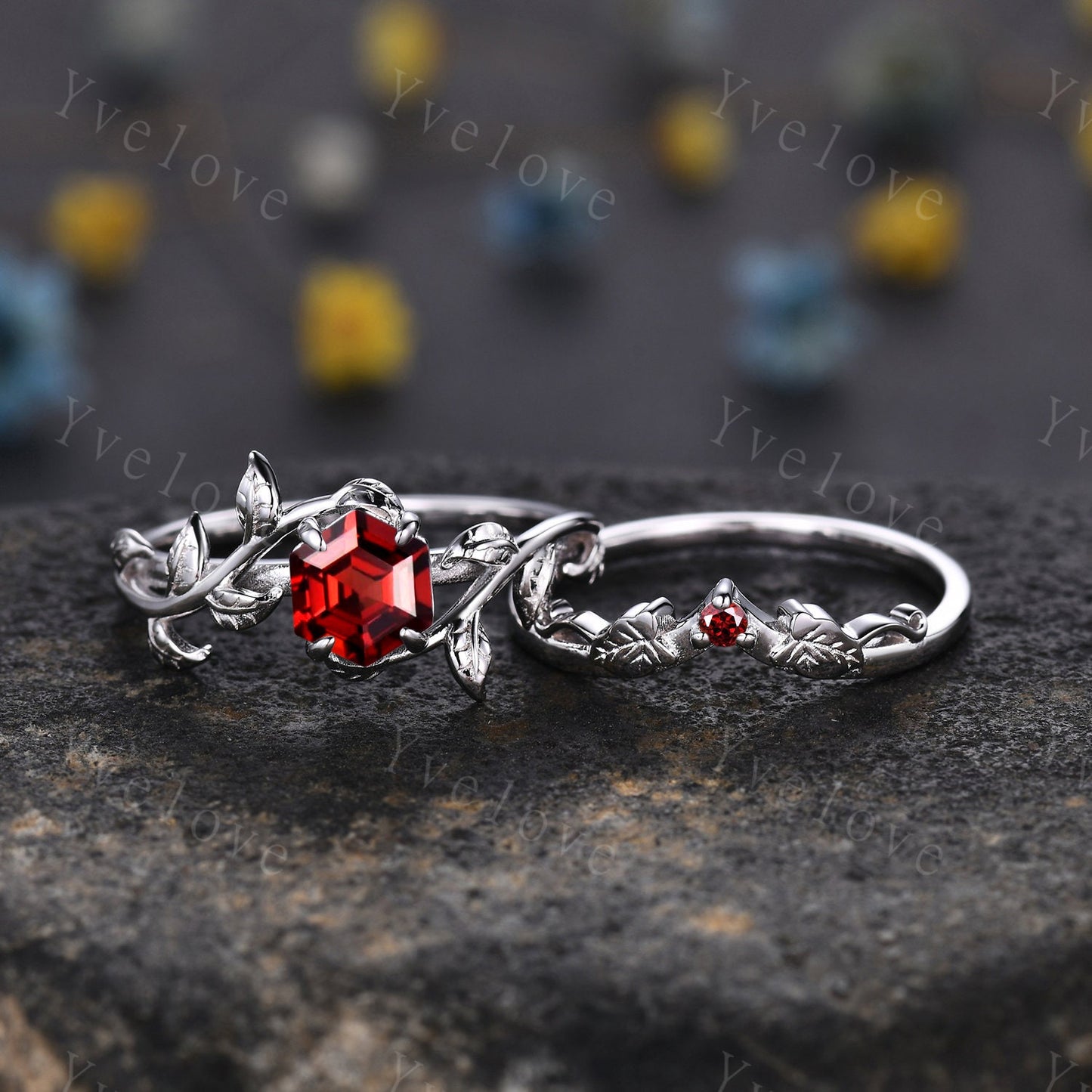 Hexagon Garnet Ring,Vintage Twig Vine Leaf Ring,Unique Garnet Engagement Ring,birthstone Ring,Promise Anniversary Bridal Ring Gift,Silver