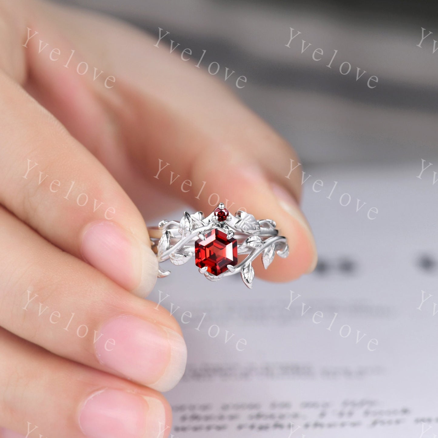 Hexagon Garnet Ring Set,Vintage Twig Vine Leaf Ring,Unique Garnet Engagement Ring,January Ring, Promise Anniversary Bridal Ring Gift,Silver