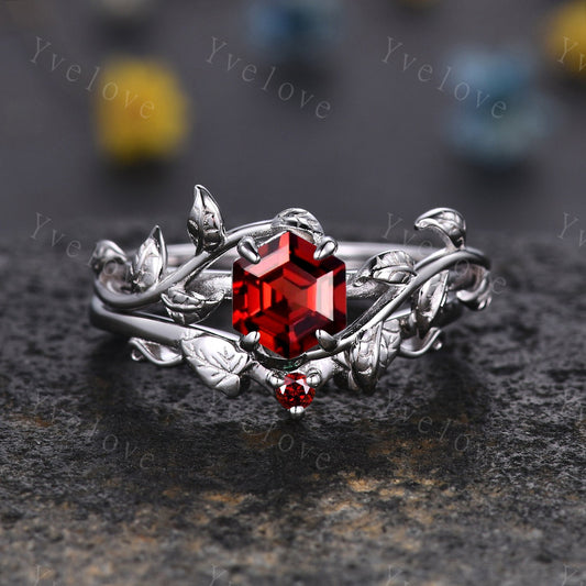 Hexagon Garnet Ring Set,Vintage Twig Vine Leaf Ring,Unique Garnet Engagement Ring,January Ring, Promise Anniversary Bridal Ring Gift,Silver