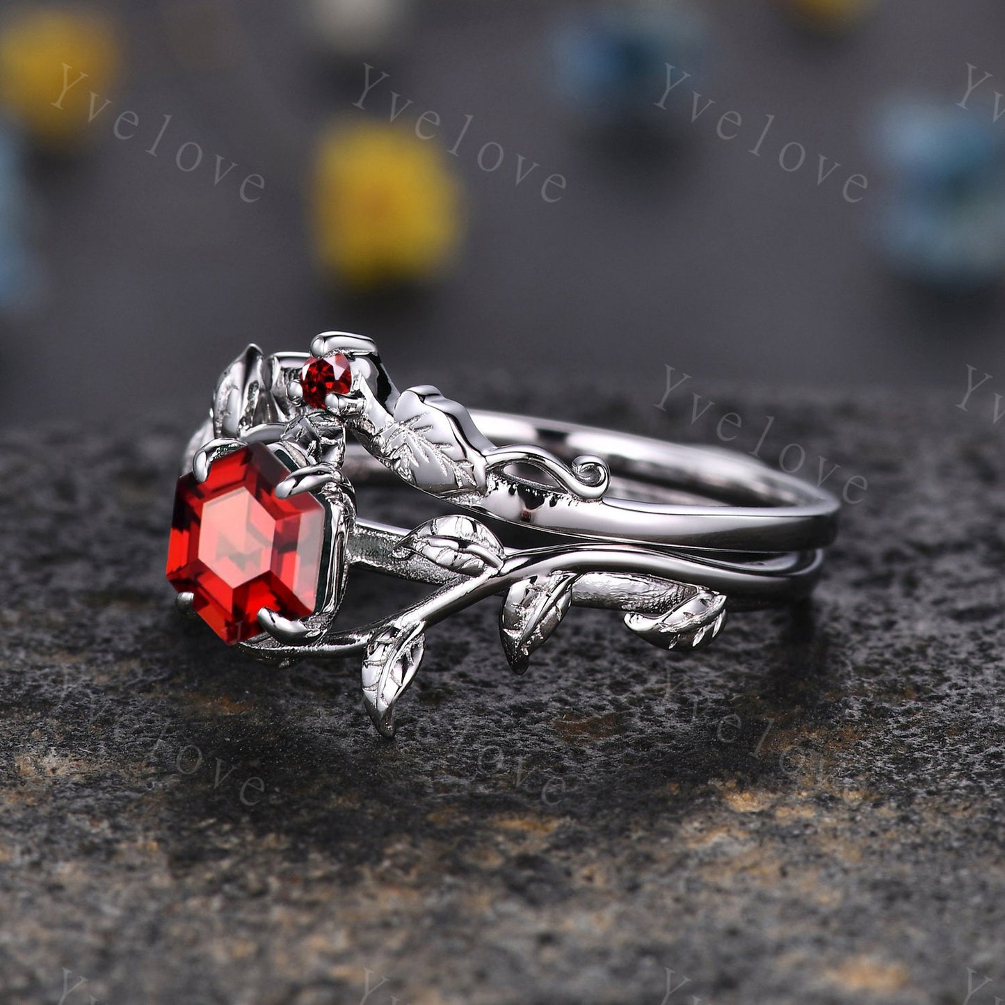 Hexagon Garnet Ring,Vintage Twig Vine Leaf Ring,Unique Garnet Engagement Ring,birthstone Ring,Promise Anniversary Bridal Ring Gift,Silver