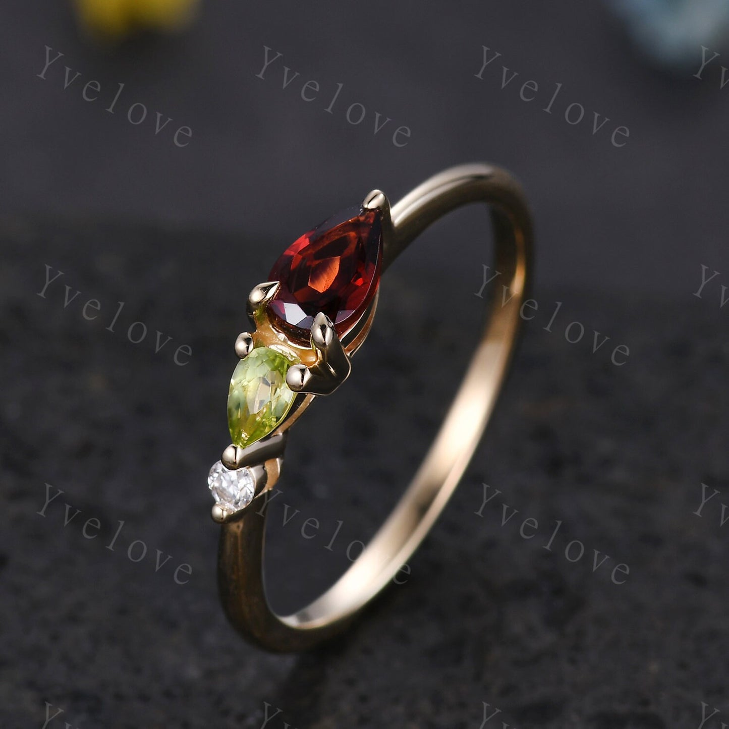 Vintage Red Garnet Peridot Engagement Ring,Pear Cut Gems,Art Deco Moissanite Wedding Band,3 Stone Unique Women Bridal Promise Ring,Custom