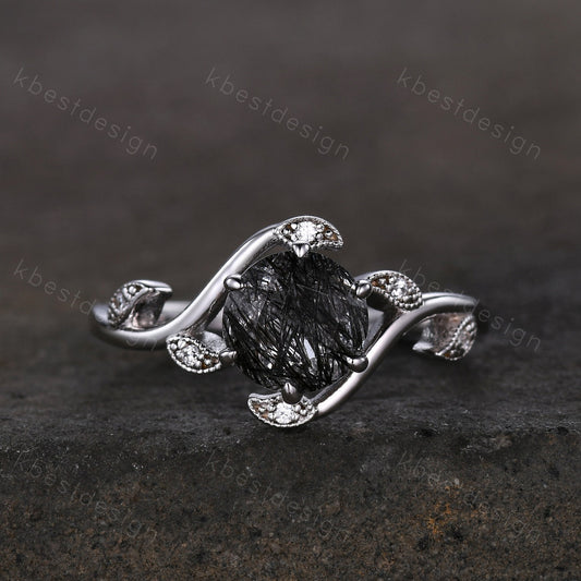 Round cut black rutilated quartz engagement ring vintage unique black gemstone ring art deco leaf style moissanite ring anniversary gift