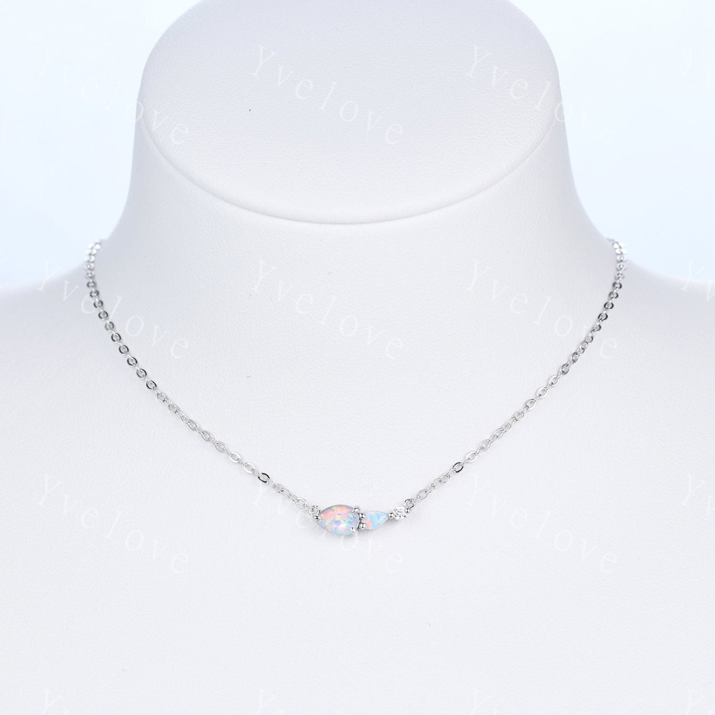Unique White Opal Necklace,Pear Cut Gems,Art Deco Moissanite Diamond Delicate Dainty Necklace,3 Stone Unique Women Bridal Gift,Silver