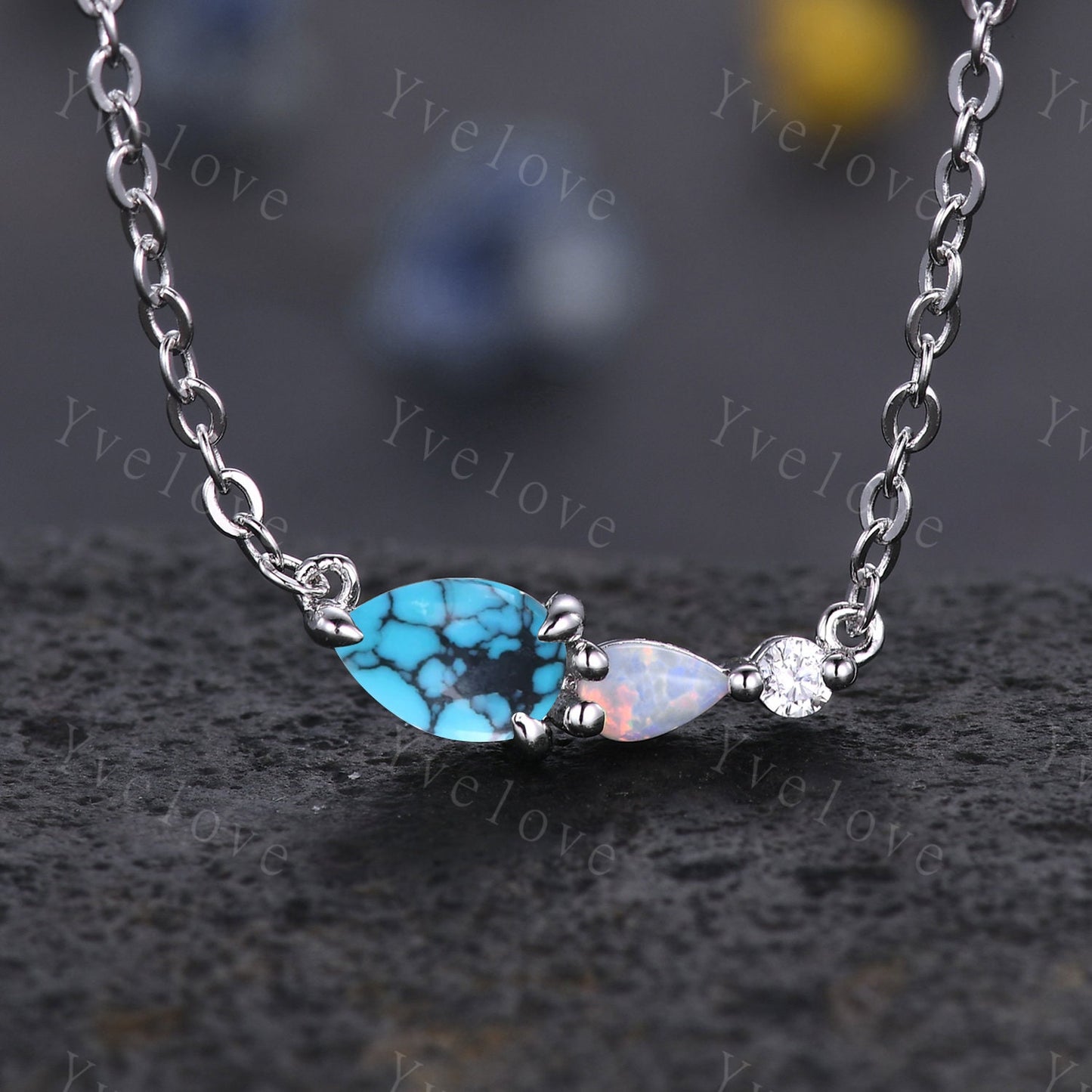 Unique White Opal Necklace,Pear Cut Gems,Art Deco Moissanite Diamond Delicate Dainty Necklace,3 Stone Unique Women Bridal Gift,Silver