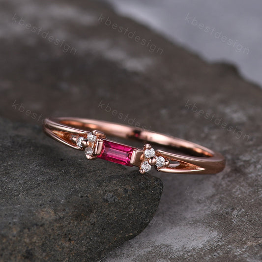 Baguette cut Ruby wedding band delicate rose gold wedding band unique moissanite cluster ring minimalist bridal matching stackable band