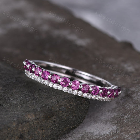 2mm Round cut pink tourmaline wedding band Vintage half eternity moissanite wedding ring Art deco bubble prong set bridal stacking band