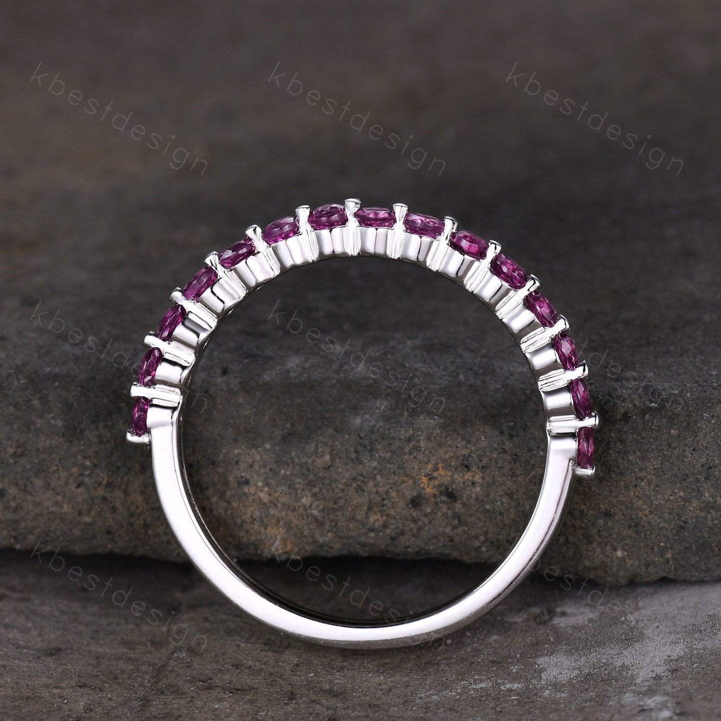 2mm Round cut pink tourmaline wedding band Vintage half eternity moissanite wedding ring Art deco bubble prong set bridal stacking band