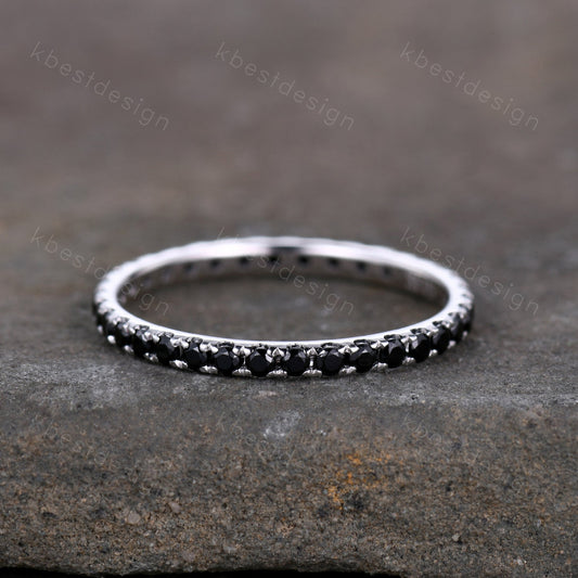 1.5mm Eternity Black Spinel Wedding Band Minimalist Pave Wedding Band White Gold Black Gemstone Stacking Band Anniversary Ring for Her