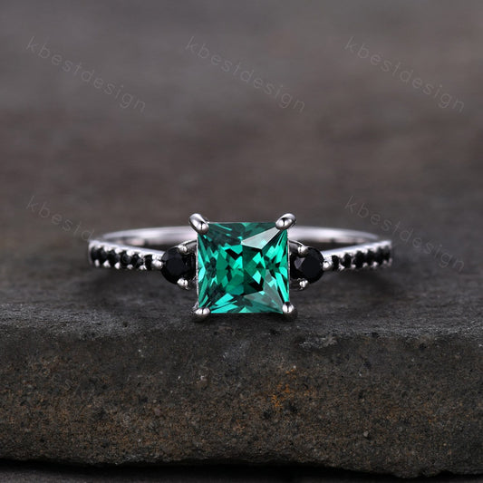 Princess Cut Green Emerald Engagement Ring Unique Black Spinel Ring Sterling Silver Ring Three stone ring May Birthstone Promise Ring