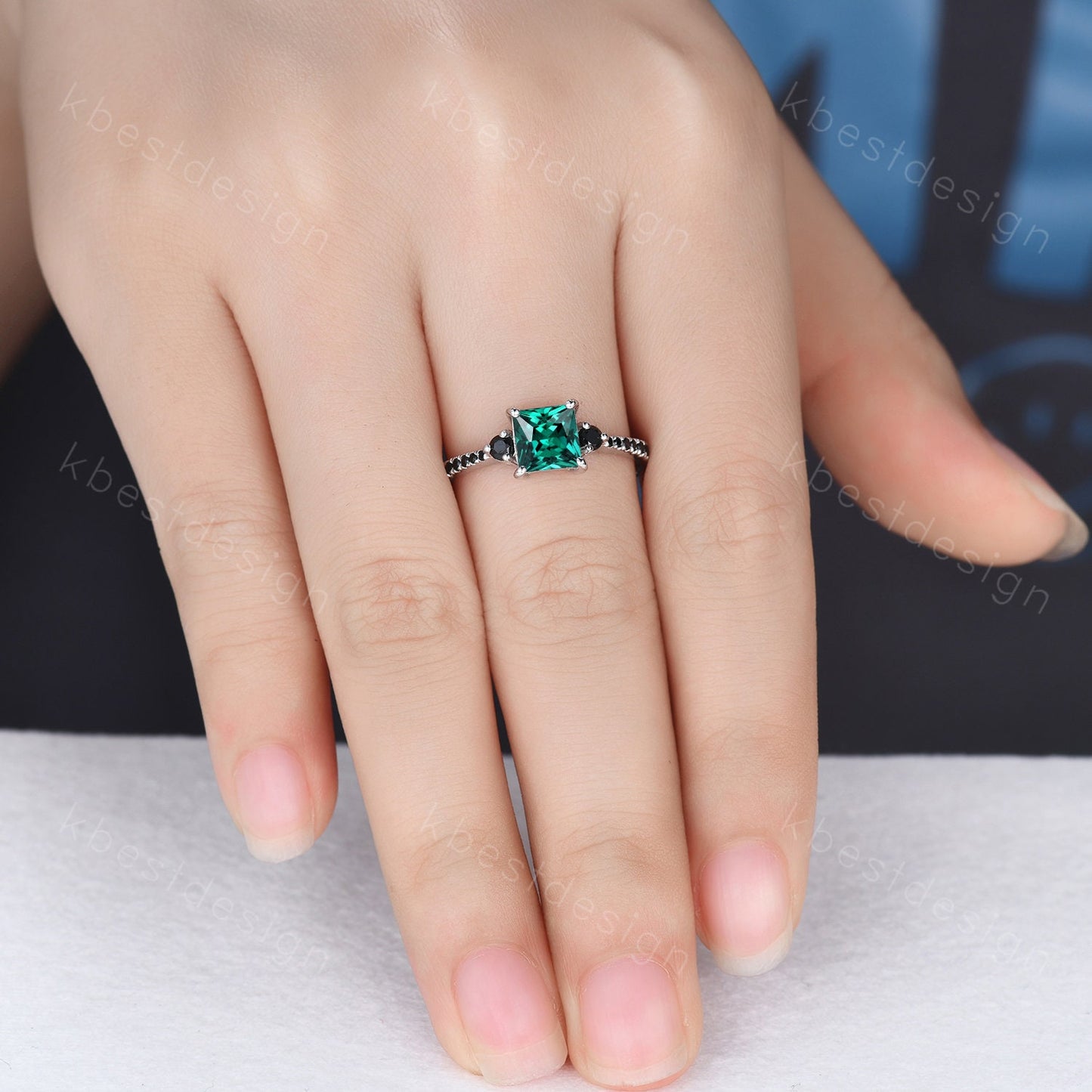 Princess Cut Green Emerald Engagement Ring Unique Black Spinel Ring Sterling Silver Ring Three stone ring May Birthstone Promise Ring