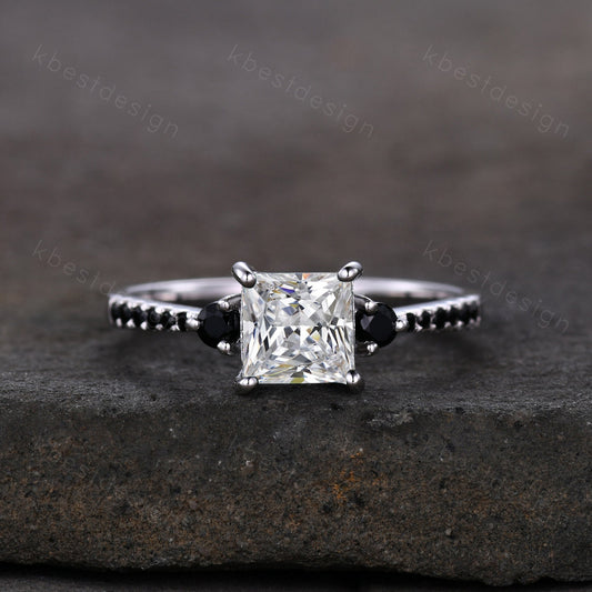 1.2ct princess cut Moissanite engagement ring vintage black spinel ring for women unique colorless moissanite bridal wedding ring