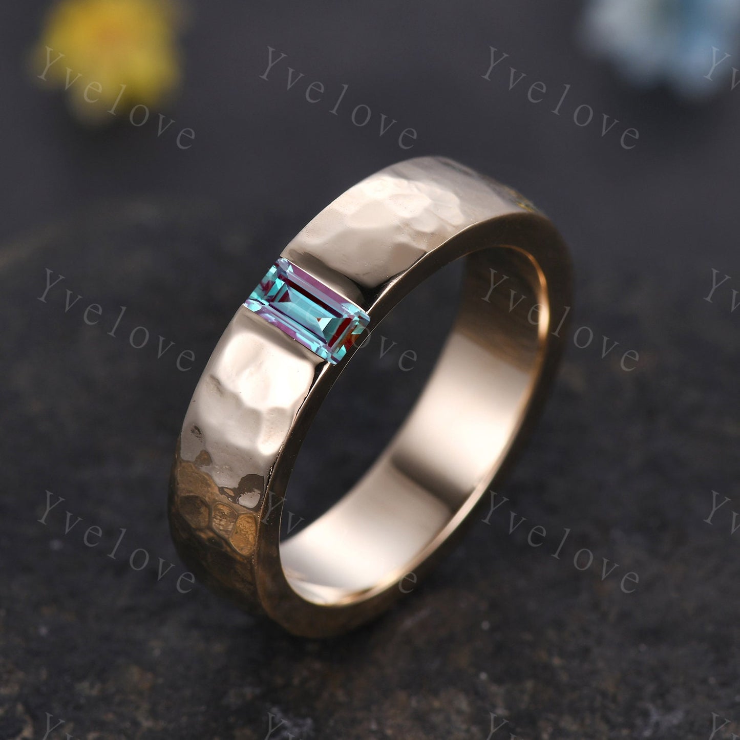 Mens Alexandrite Wedding Band Baguette Cut Alexandrite Band 5mm Solid Gold Ring Mens Hammered Stacking Matching Band Retro Vintage Ring Gift