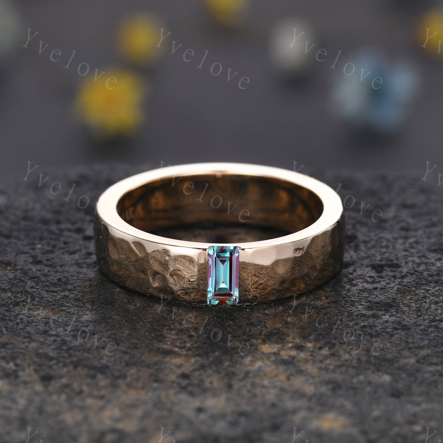 Mens Alexandrite Wedding Band Baguette Cut Alexandrite Band 5mm Solid Gold Ring Mens Hammered Stacking Matching Band Retro Vintage Ring Gift