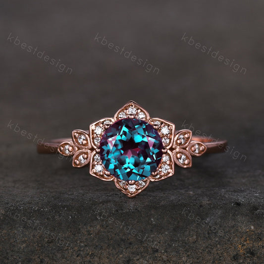Vintage round Alexandrite engagement ring antique moissanite halo ring rose gold color changing stone ring June Birthstone ring Promise ring
