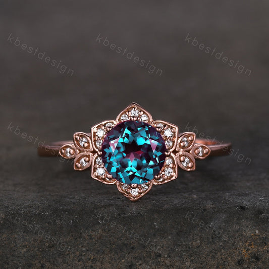 Vintage round Alexandrite engagement ring antique moissanite halo ring rose gold color changing stone ring June Birthstone ring Promise ring