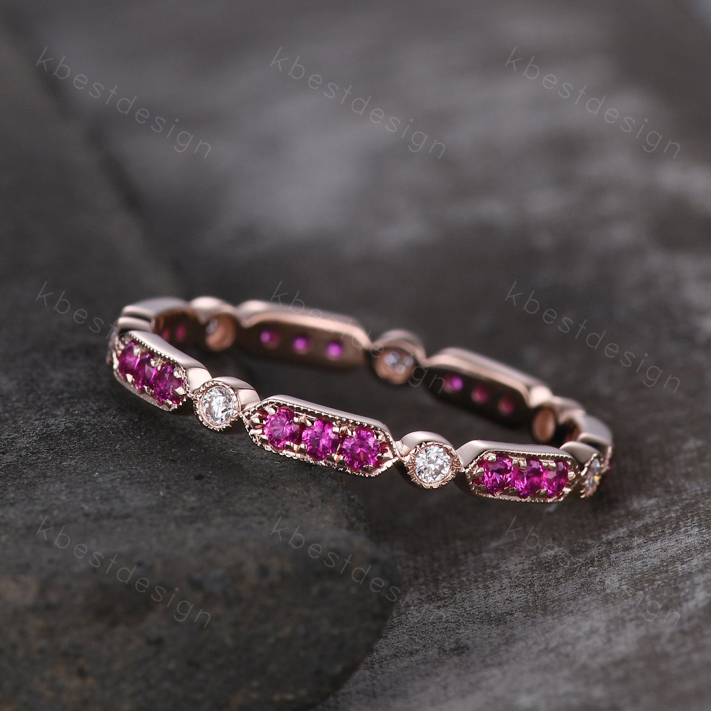 Vintage Ruby wedding band rose gold ruby moissanite wedding ring unique art deco eternity band July birthstone ring anniversary gift
