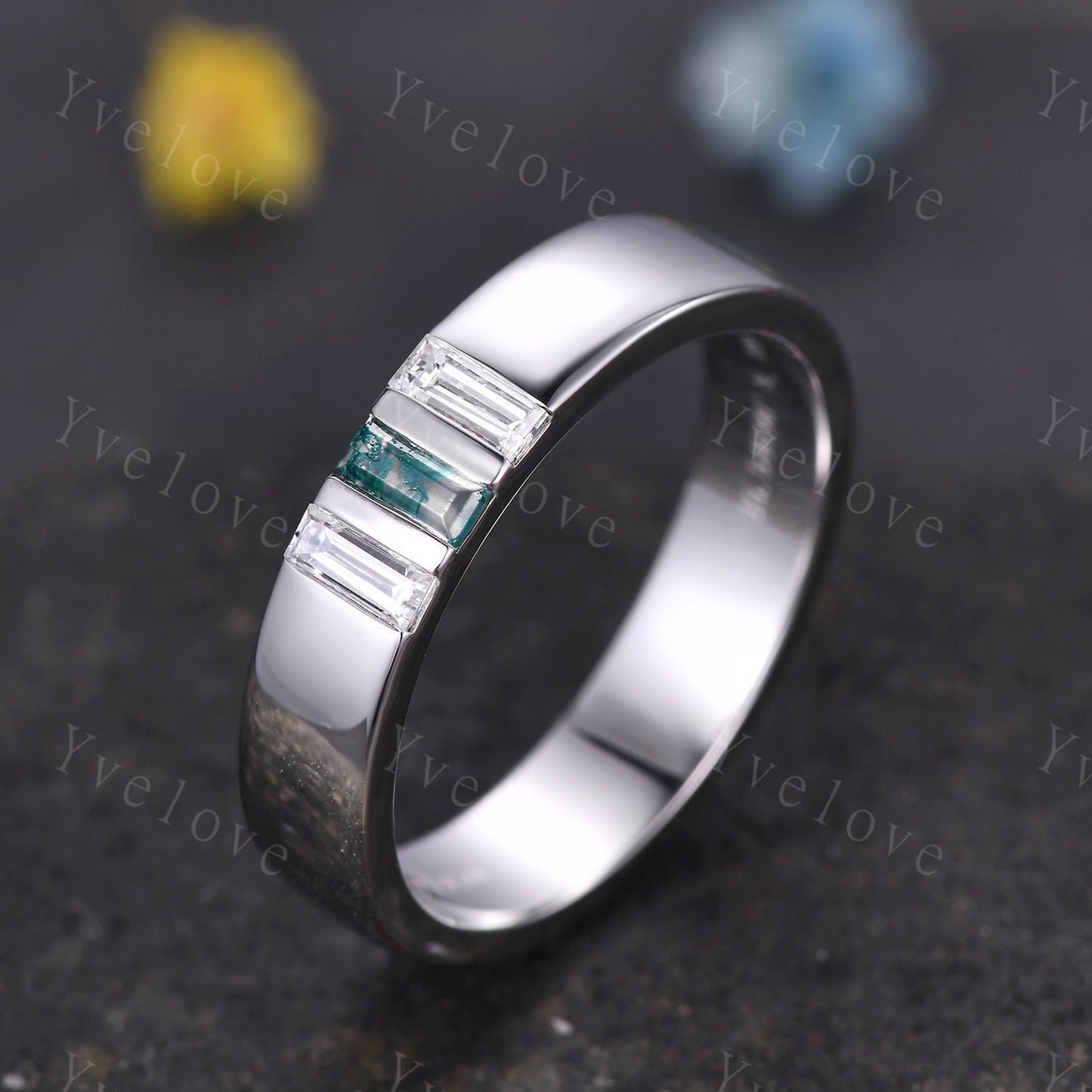 5mm Mens Moss agate Wedding Band Baguette Green Agate Diamond Band Platinum Ring Men Stacking Matching Band 3 Stones Ring Gifts  For Men