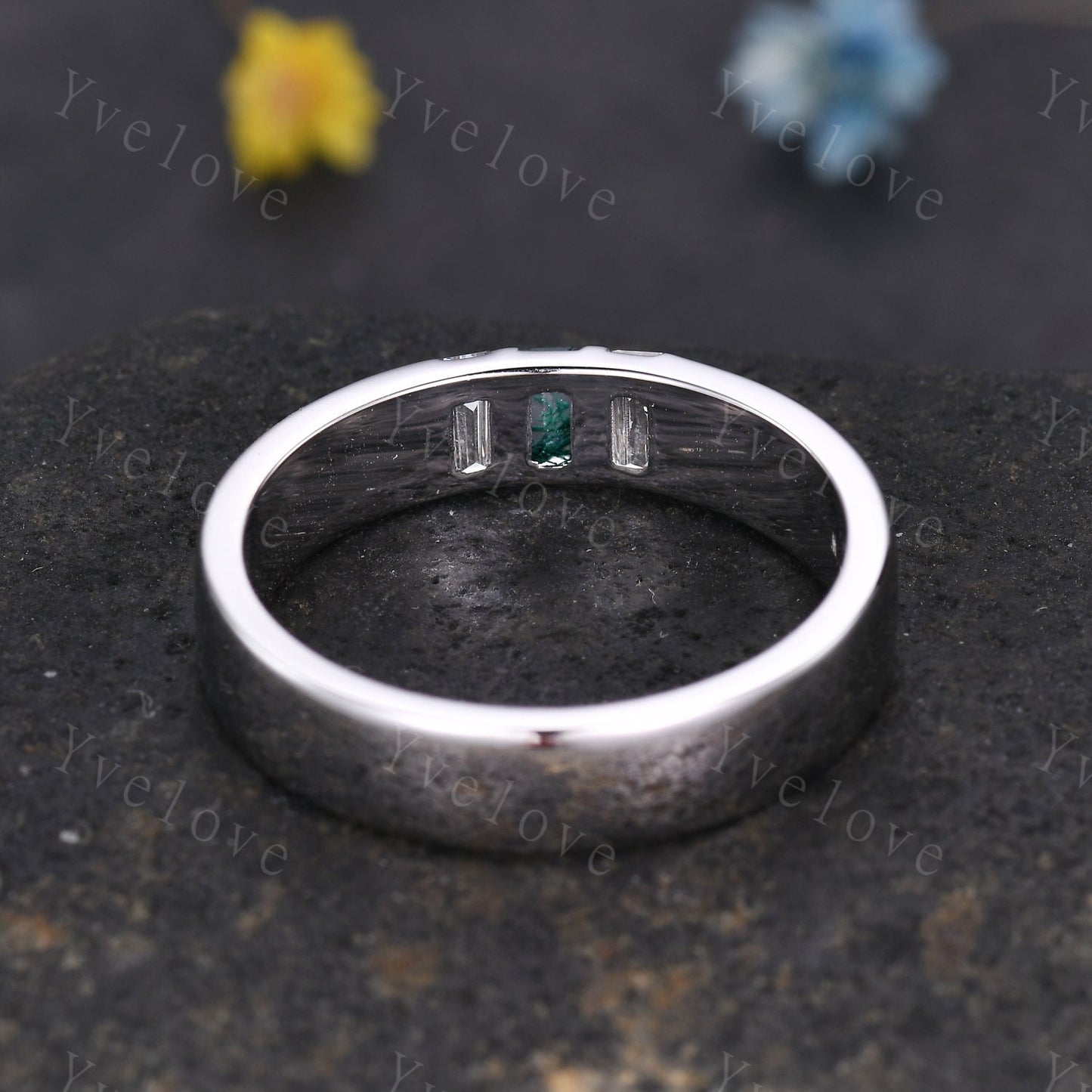 5mm Mens Moss agate Wedding Band Baguette Green Agate Diamond Band Platinum Ring Men Stacking Matching Band 3 Stones Ring Gifts  For Men