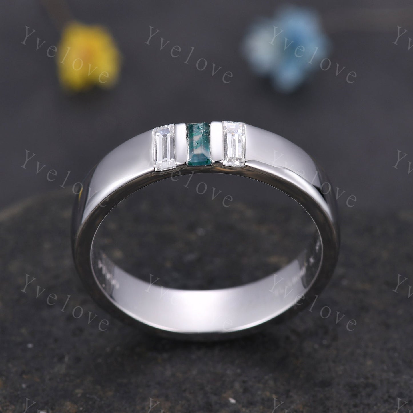 5mm Mens Moss agate Wedding Band Baguette Green Agate Diamond Band Platinum Ring Men Stacking Matching Band 3 Stones Ring Gifts  For Men