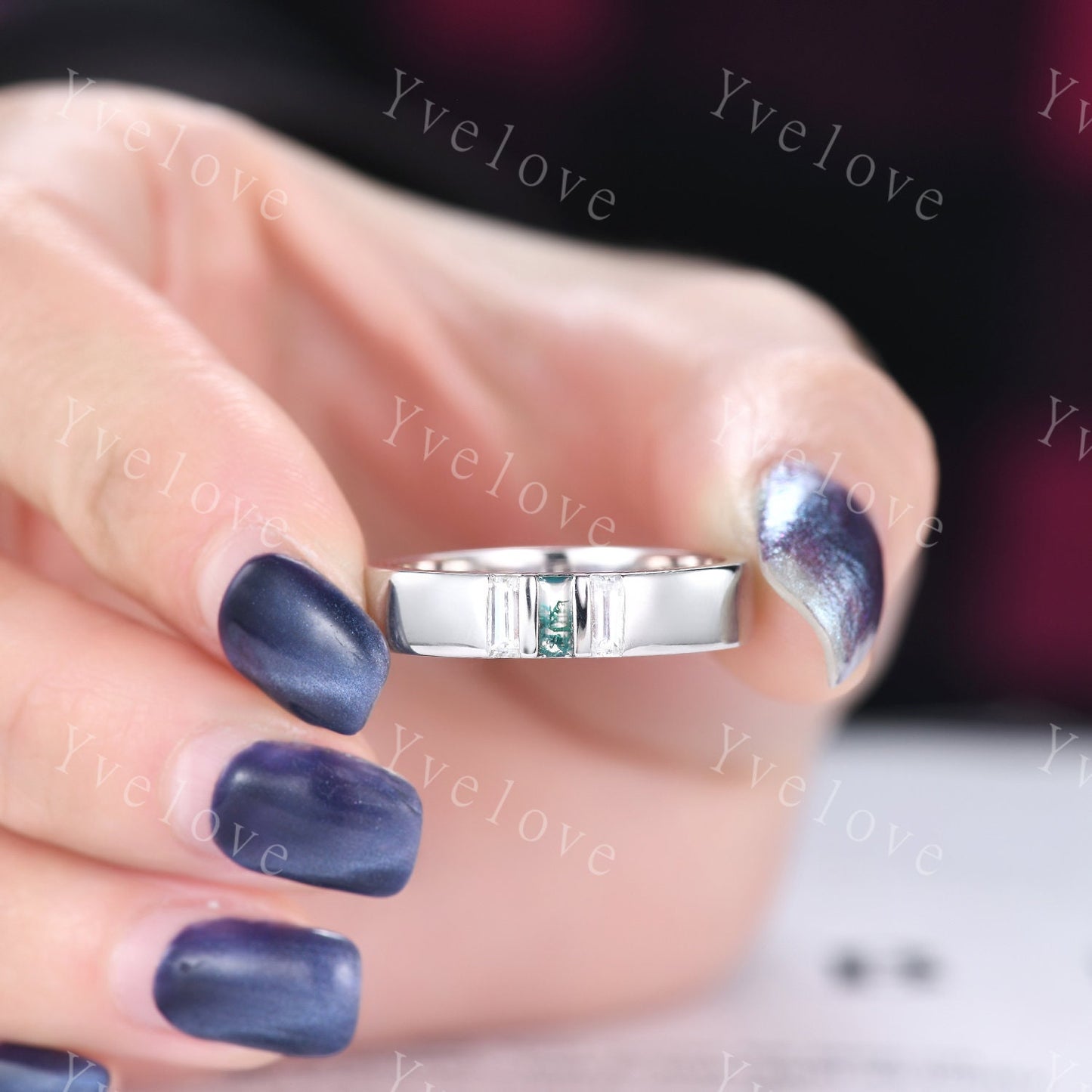 5mm Mens Moss agate Wedding Band Baguette Green Agate Diamond Band Platinum Ring Men Stacking Matching Band 3 Stones Ring Gifts  For Men