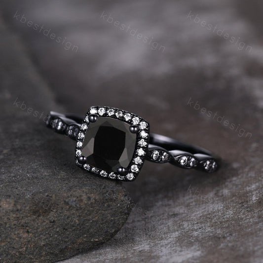 Cushion Cut Natural Black Onyx Engagement Ring Unique Black Gold Ring Vintage Halo Engagement Ring Art Deco Anniversary gift for women
