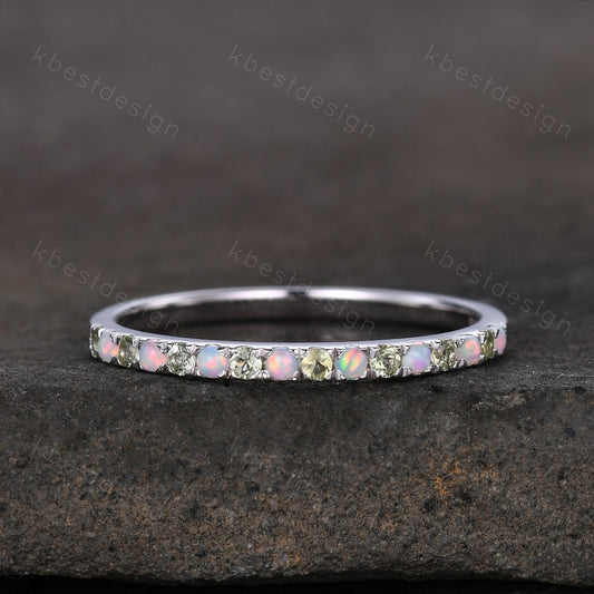 Half Eternity Peridot Opal Wedding Band, Silver Opal Wedding Band, Peridot Wedding Ring Dainty Stacking Matching Band, Anniversary Ring Gift