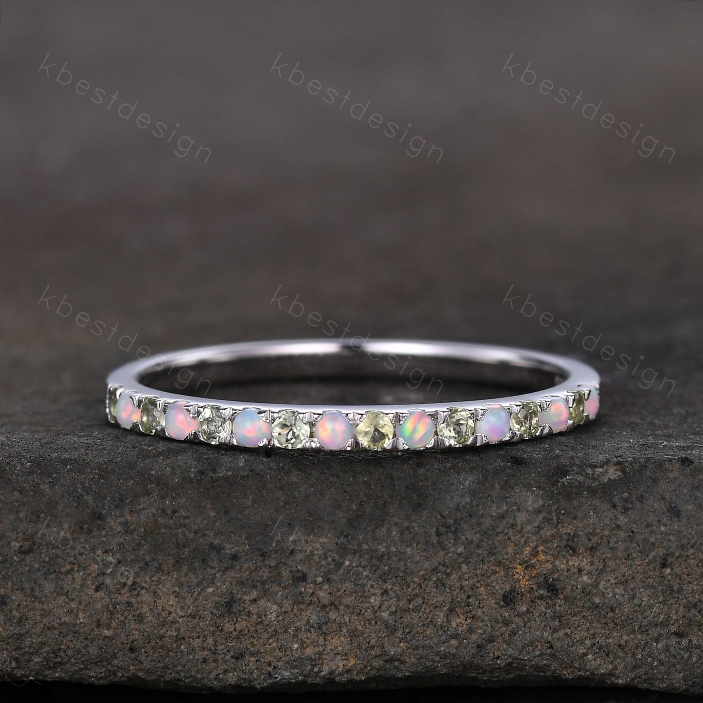 Half Eternity Peridot Opal Wedding Band, Rose Gold Wedding Ring, Opal Wedding Band, Dainty Stacking Matching Band, Anniversary Ring Gift
