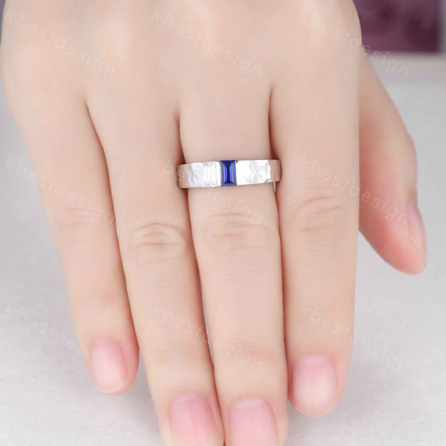 Mens Blue Sapphire Wedding Band Baguette cut Moissanite Wedding Ring 5MM Solid Gold Ring Mens Hammered Stacking Matching Band Personalized