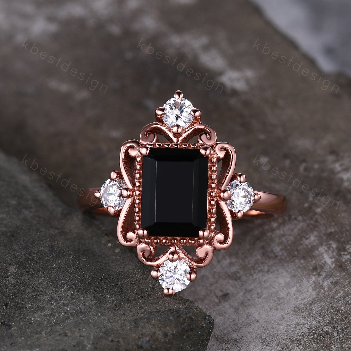 Vintage black onyx engagement ring 6x8mm emerald cut black onyx ring unique antique moissanite ring black stone ring rose gold Bridal ring