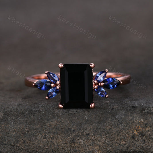 Emerald cut black onyx engagement ring rose gold unique marquise cut blue sapphire ring art deco black stone ring promise anniversary ring