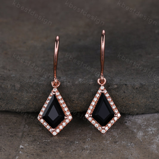 Vintage black onyx dangle drop earrings kite cut earrings art deco rose gold moissanite unique earrings for women anniversary gift