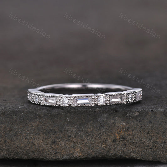 Baguette cut Moissanite wedding band unique art deco half eternity band for women wedding stacking matching band anniversary gift for her