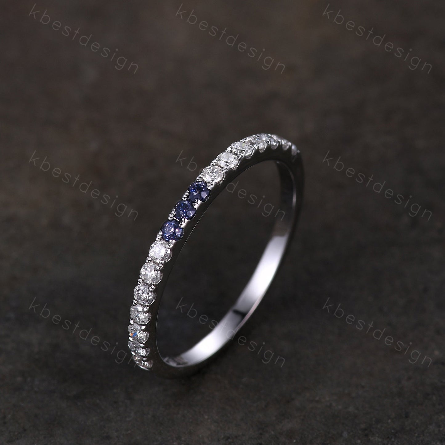 Dainty blue sandstone Moissanite wedding band 1.5mm half eternity band women silver stacking matching band minimalist bridal wedding ring