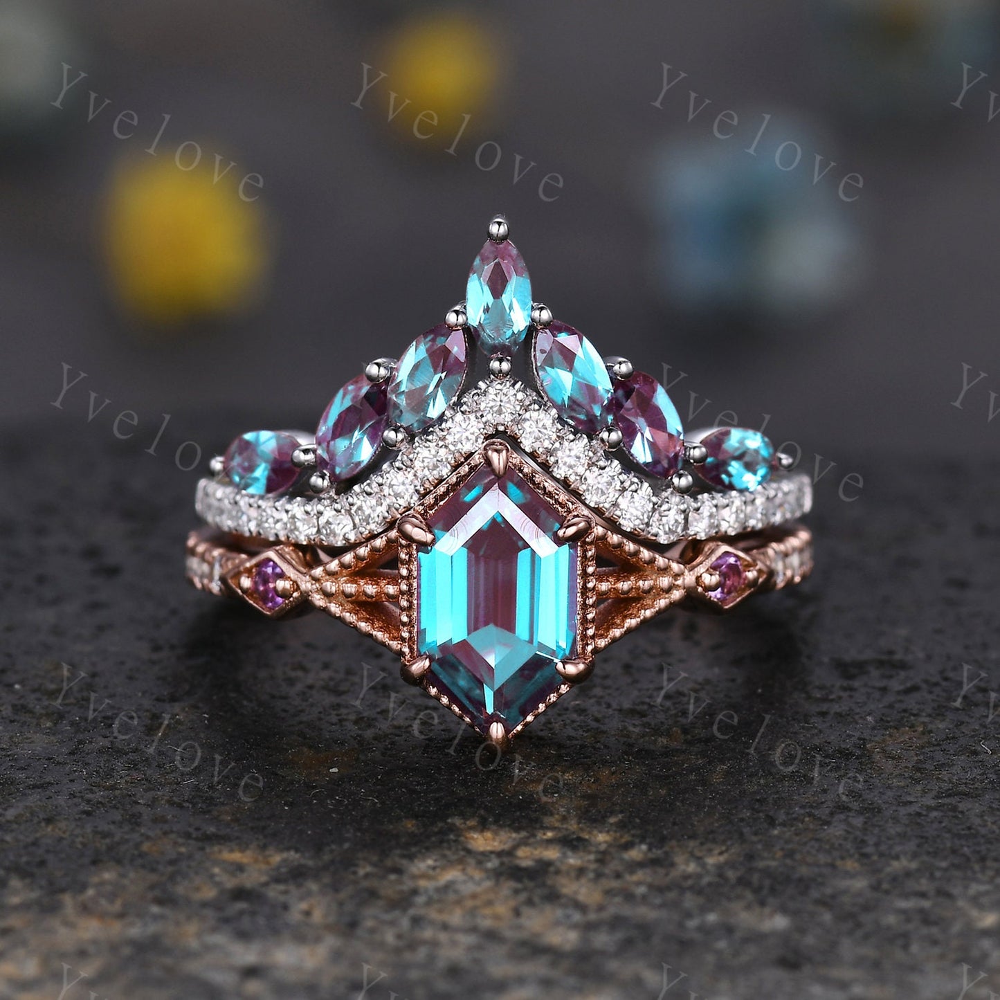 Vintage Alexandrite wedding ring,Alexandrite Moissanite wedding band,Marquise alexandrite ring,V Curved stacking matching rings,Silver ring