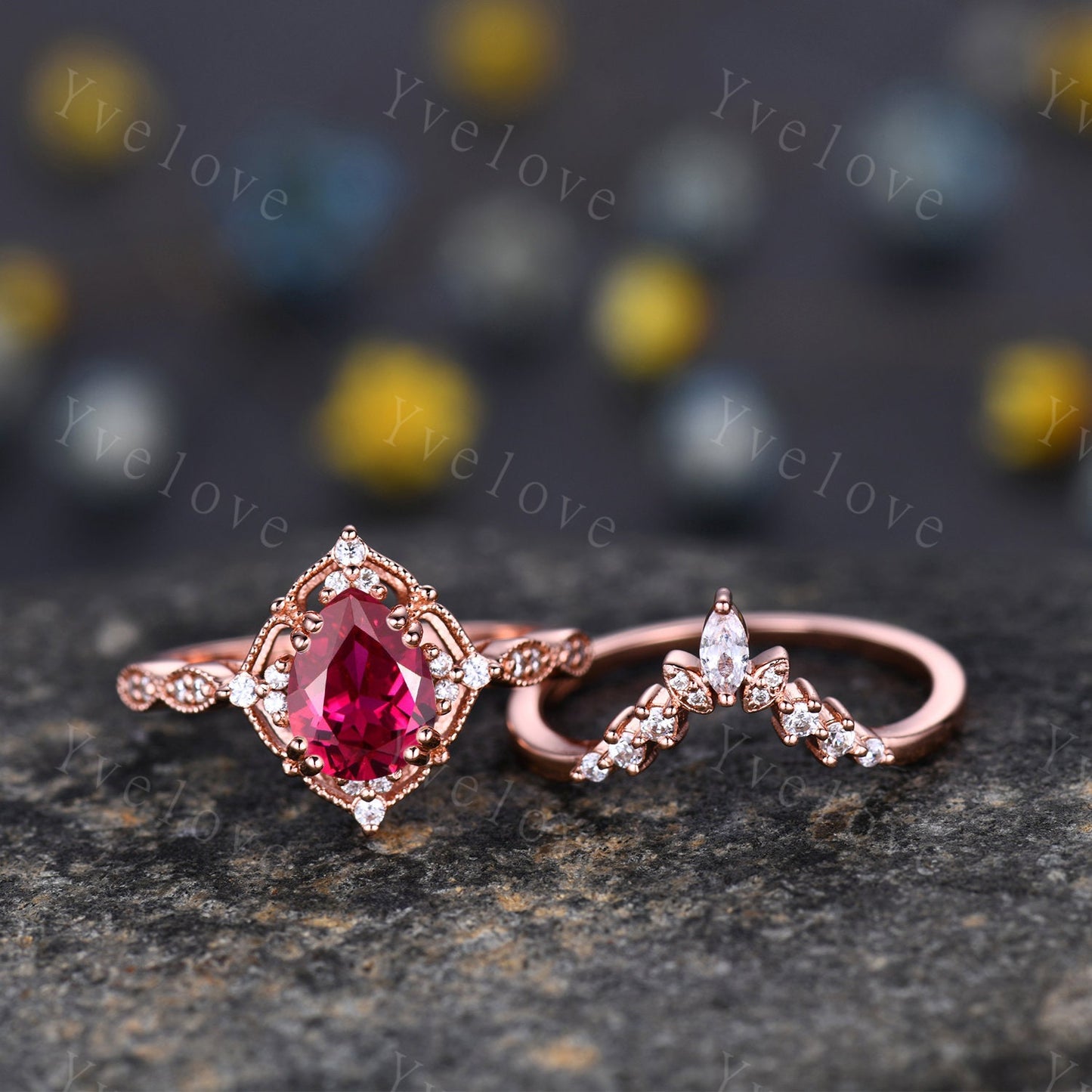 Vintage Red  Ruby Engagement Ring Set,6x8mm Pear Ruby Bridal Set,Moissanite Half Eternity Band,Solid Gold,Women Rings Gift For Her,Custom
