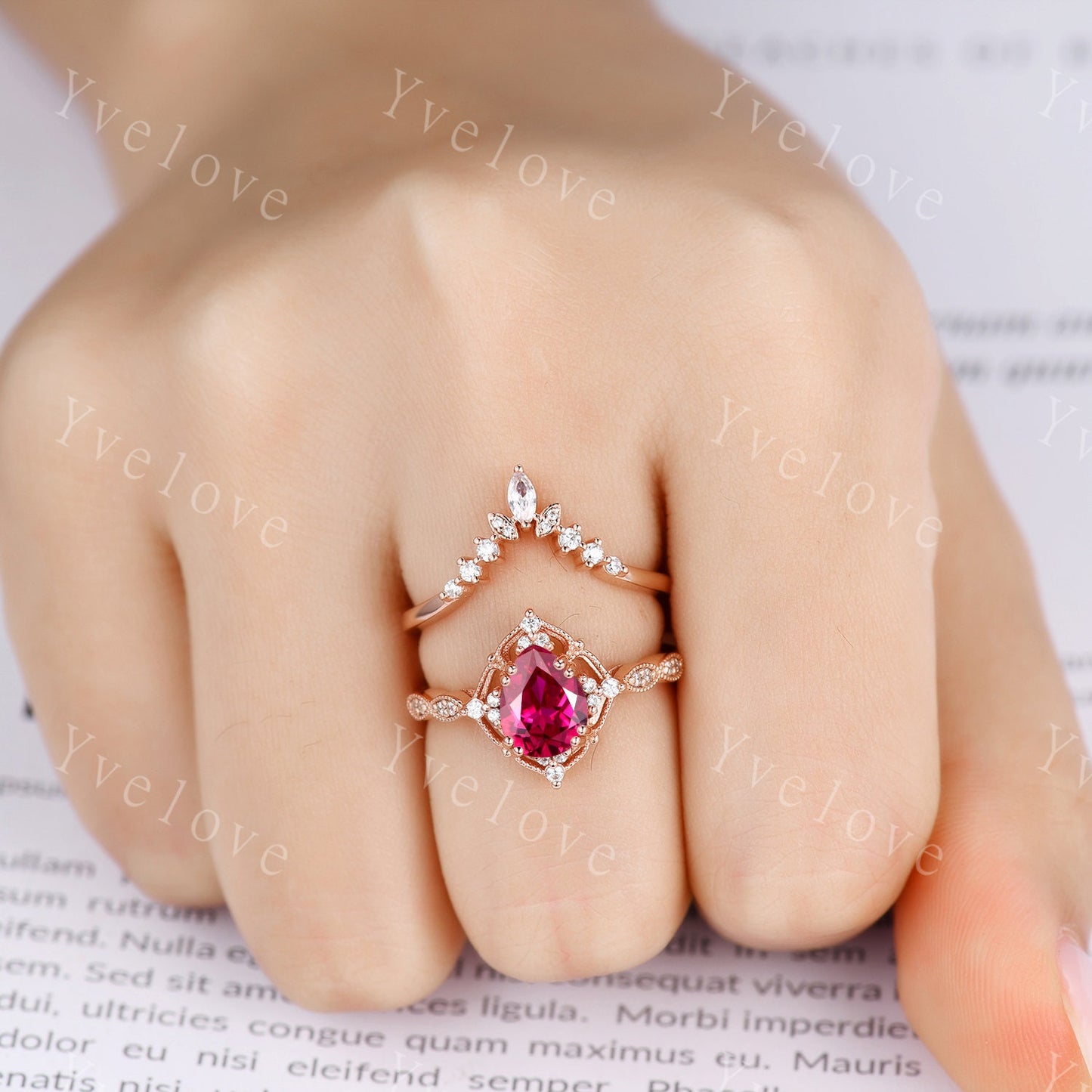 Vintage Red  Ruby Engagement Ring Set,6x8mm Pear Ruby Bridal Set,Moissanite Half Eternity Band,Solid Gold,Women Rings Gift For Her,Custom