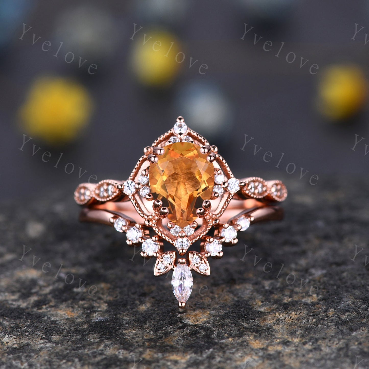 Vintage Red  Ruby Engagement Ring Set,6x8mm Pear Ruby Bridal Set,Moissanite Half Eternity Band,Solid Gold,Women Rings Gift For Her,Custom