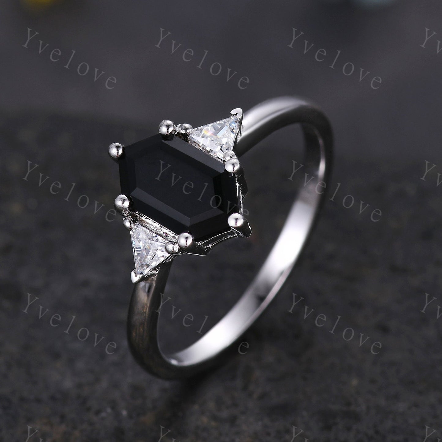 Vintage Hexagon Black Onyx Engagement Ring,Black Gems Ring,Silver Ring,Enhancer Band,Women Stacking Wedding Band,Anniversary Bridal Gift