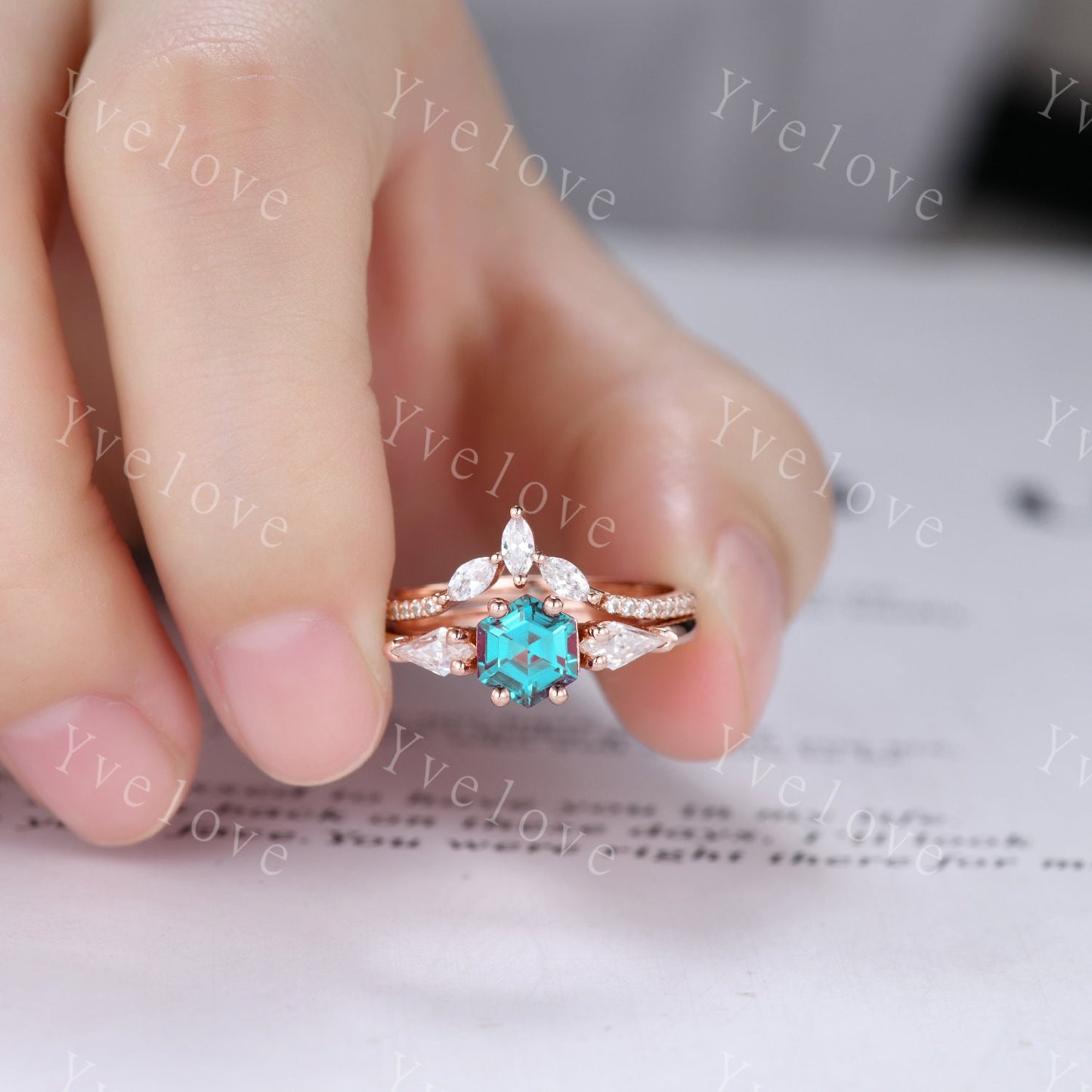 Vintage Hexagon Alexandrite Engagement Ring Set Rose Gold Women Moissanite  Matching Band Promise Bridal Stacking Ring Set Gift for her