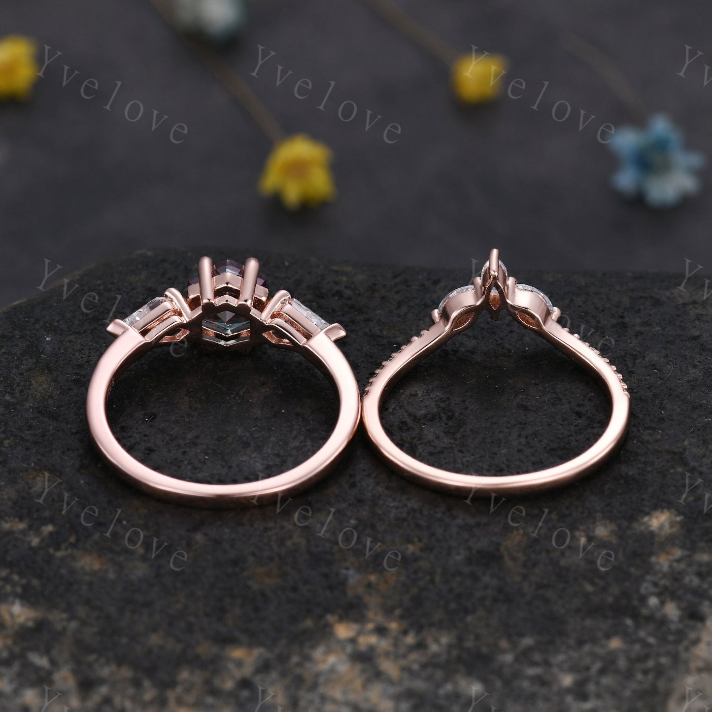 Vintage Hexagon Alexandrite Engagement Ring Set Rose Gold Women Moissanite  Matching Band Promise Bridal Stacking Ring Set Gift for her