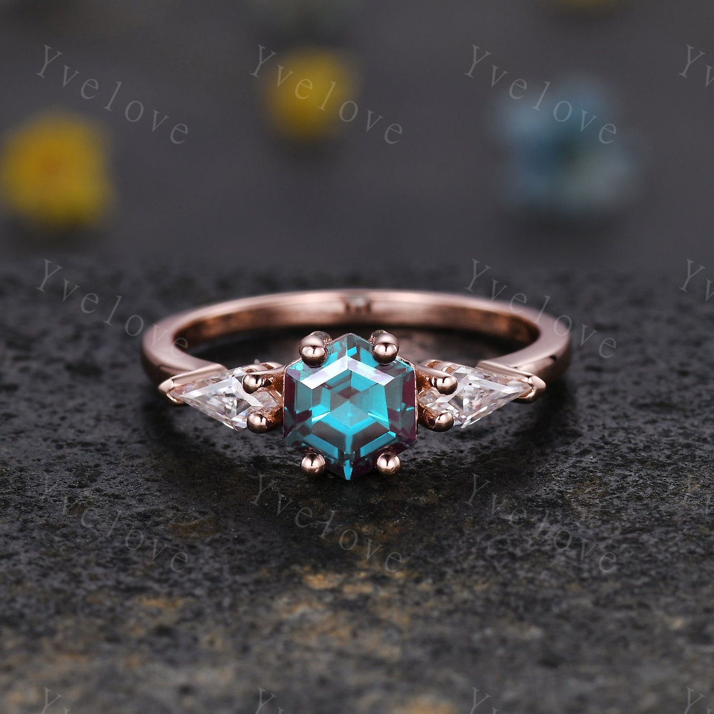Vintage Hexagon Alexandrite Engagement Ring Set Rose Gold Women Moissanite  Matching Band Promise Bridal Stacking Ring Set Gift for her