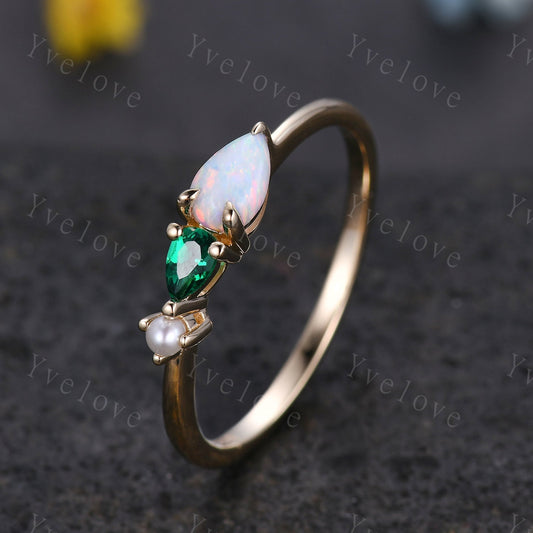 Vintage Opal Emerald Engagement Ring,Pear Cut Gems,Art Deco Pearl Wedding Band,3 Stone Unique Women Bridal Promise Ring,Gold ring,Custom