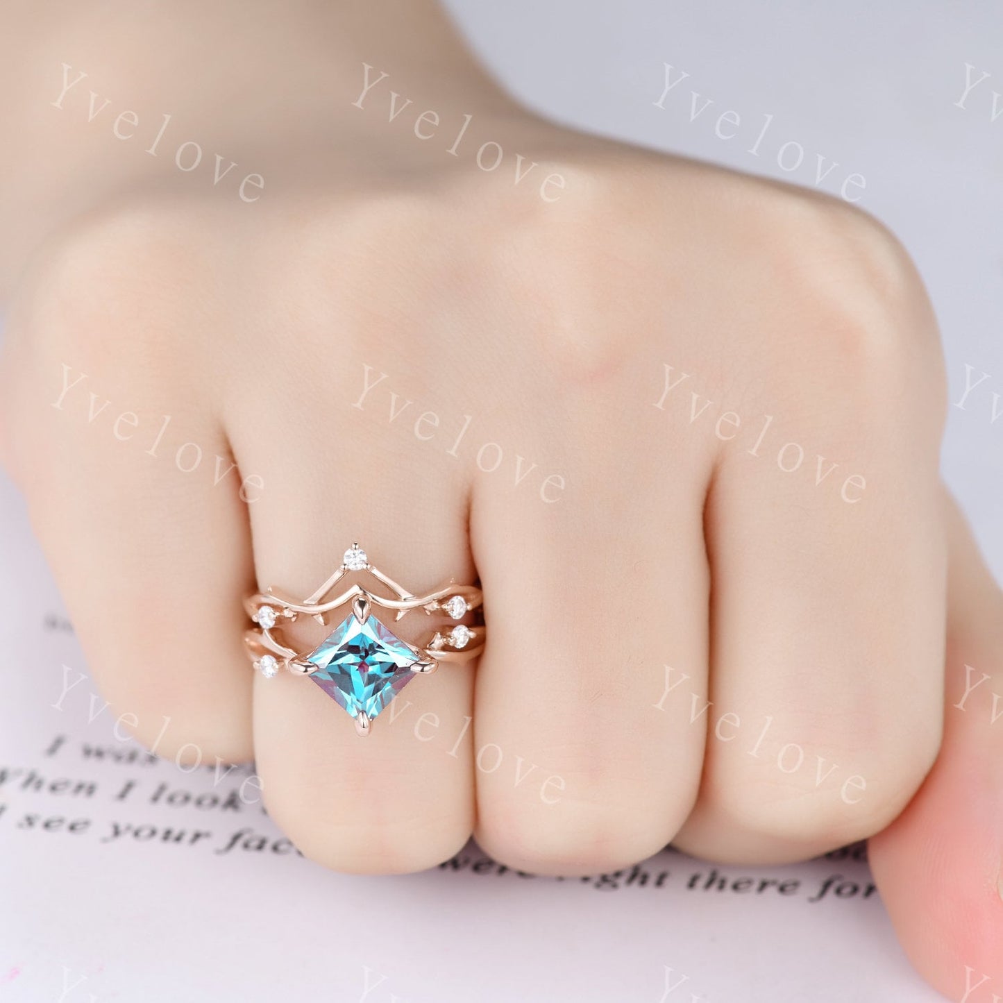 Vintage Princess Cut Alexandrite Engagement Ring Set,Twisted Ring,Leaf Vine Alexandrite Bridal Set,Branch Ring,Dainty Twig Diamond Ring Gift